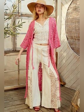 🌼O5 POL Pink Crochet Duster Cardigan